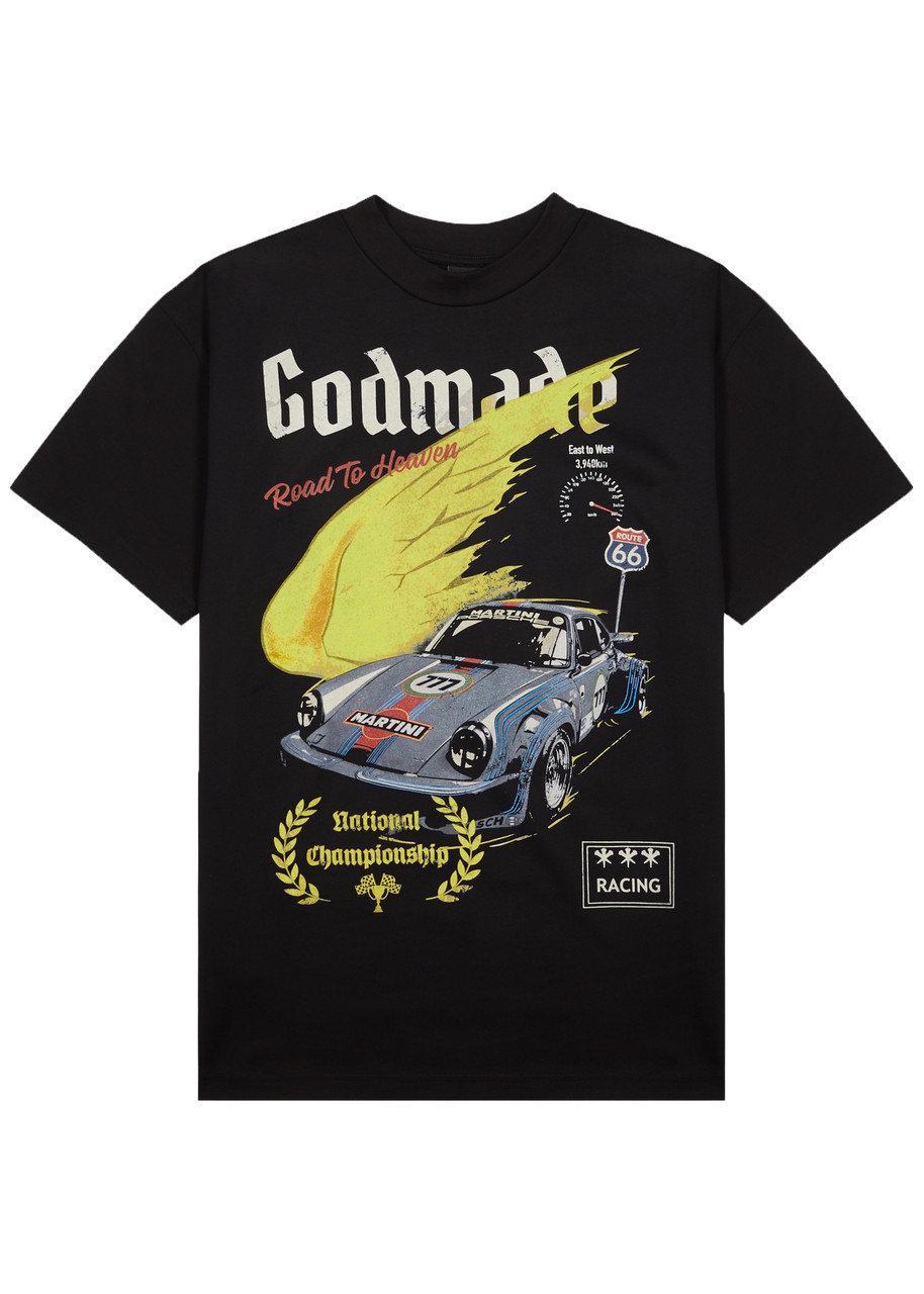 God Made Road To Heaven Printed Cotton T-shirt In Black