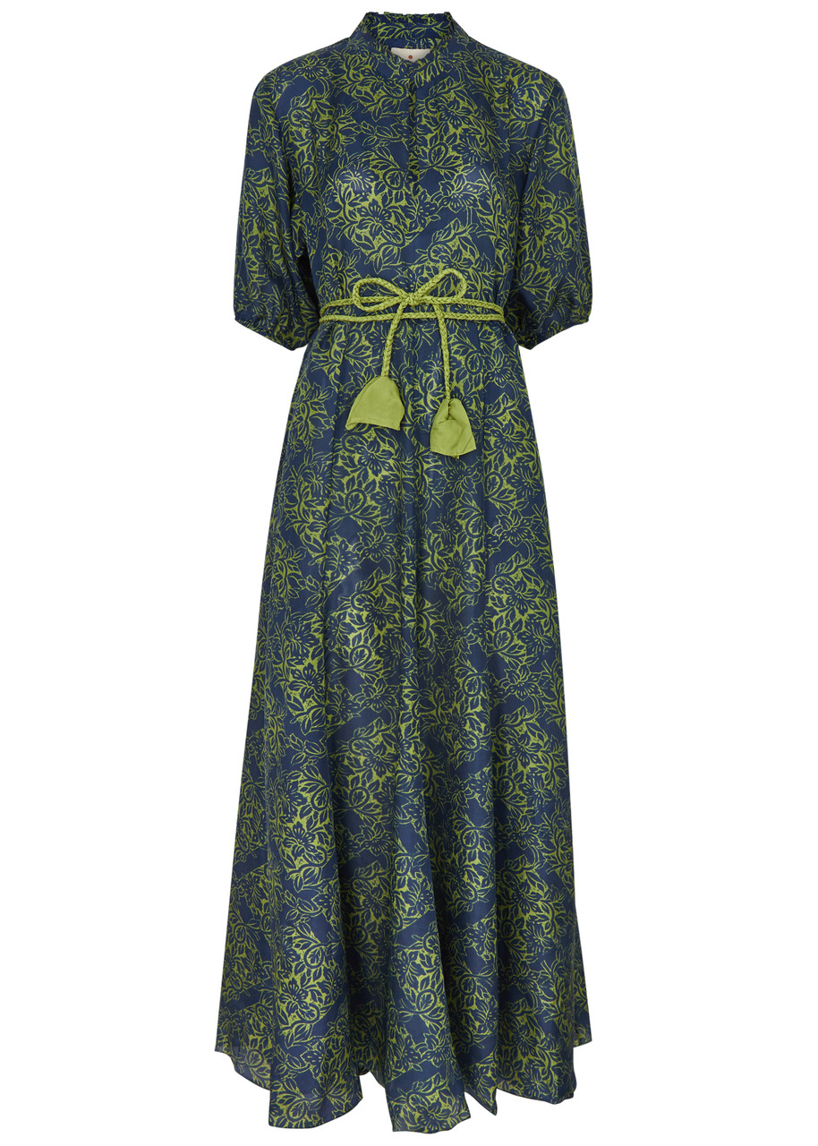 Hannah Artwear Oceanus Printed Silk Maxi Dress In Green