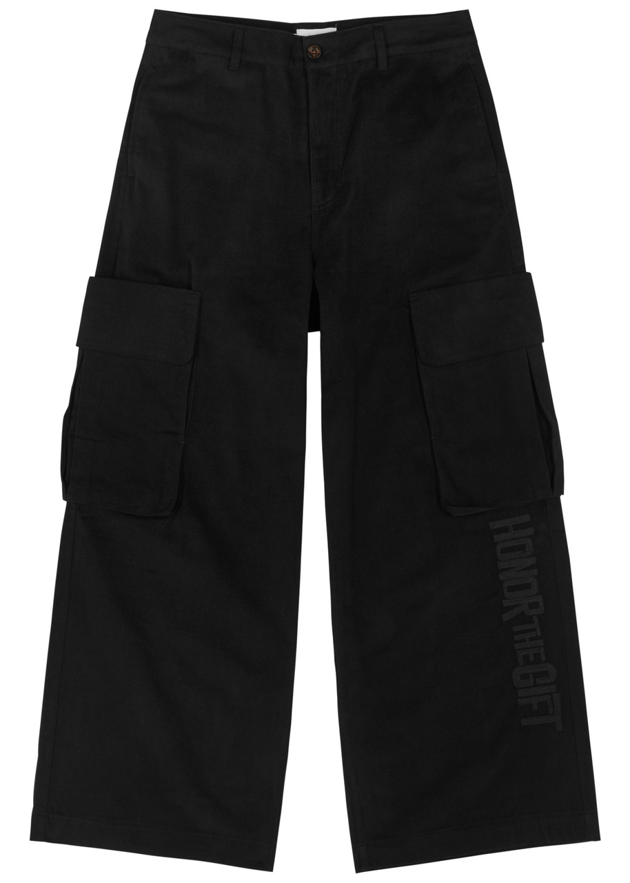 Shop Honor The Gift Wide-leg Cotton Cargo Trousers In Black
