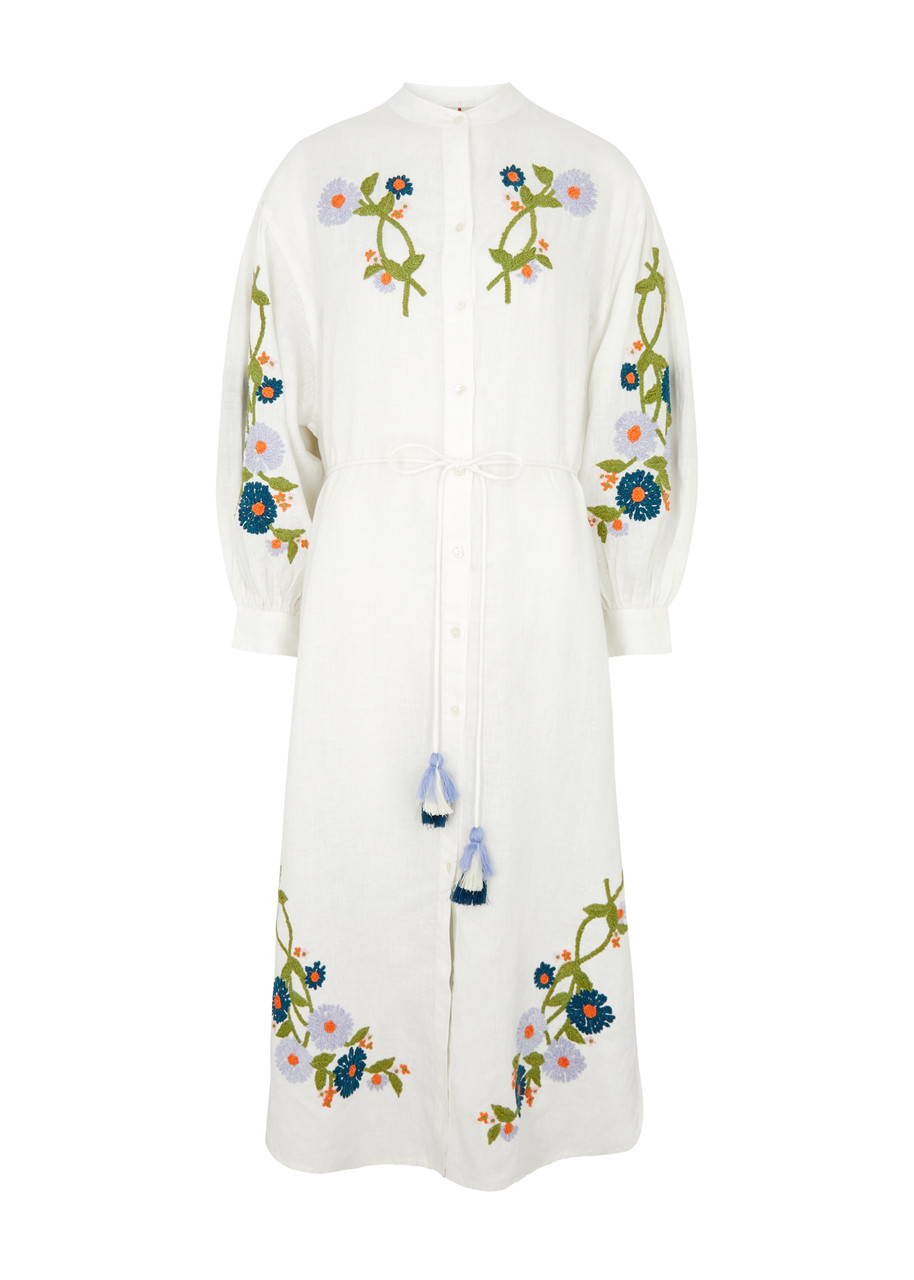 Hannah Artwear Everly Floral-embroidered Linen Shirt Dress In White
