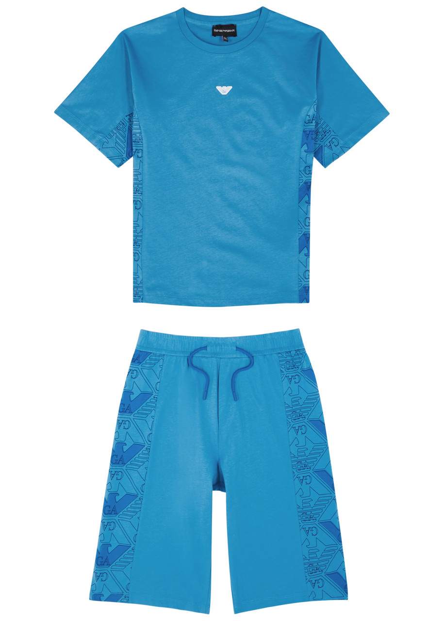 Emporio Armani Kids Logo Cotton T-shirt And Shorts Set In Blue