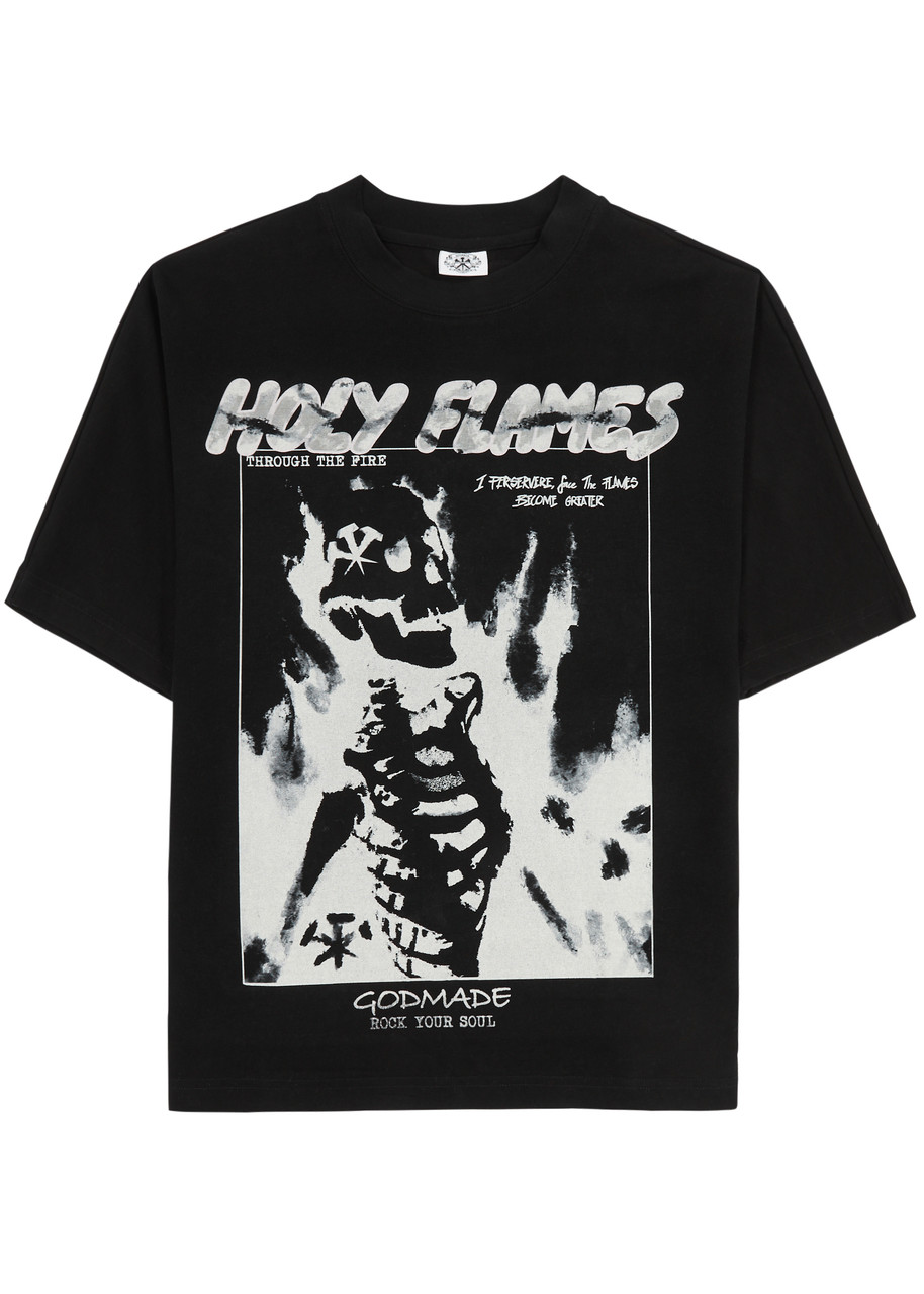 Shop God Made Holy Flames Printed Cotton T-shirt In Black