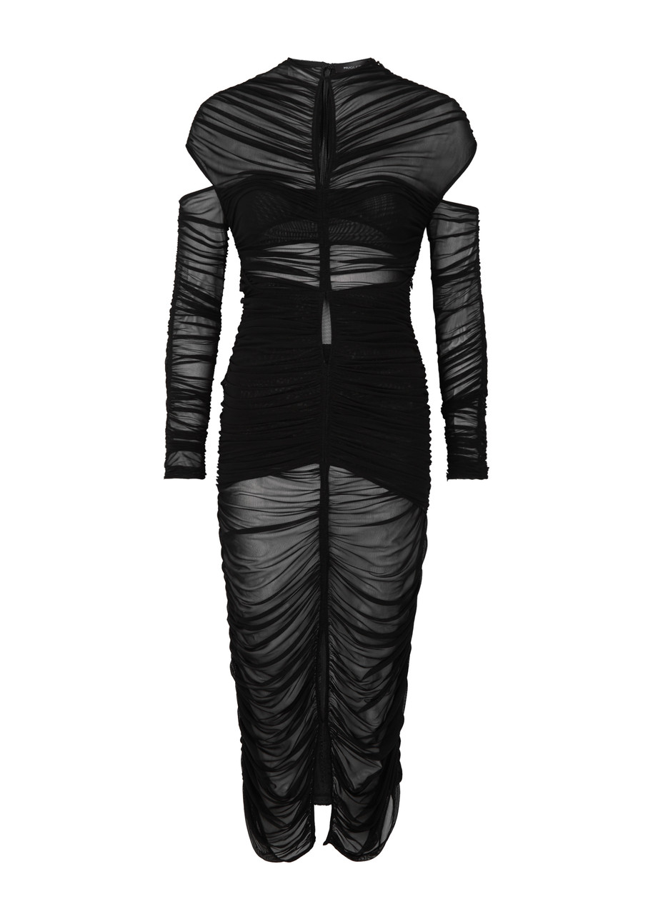 Shop Mugler Ruched Stretch-tulle Midi Dress In Black