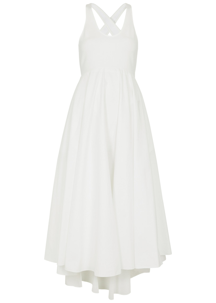 Shop Alaïa Knitted And Cotton-poplin Midi Dress In White
