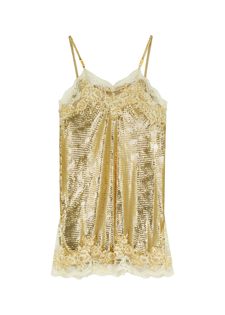 Shop Rabanne Lace-trimmed Chainmail Mini Dress In Gold