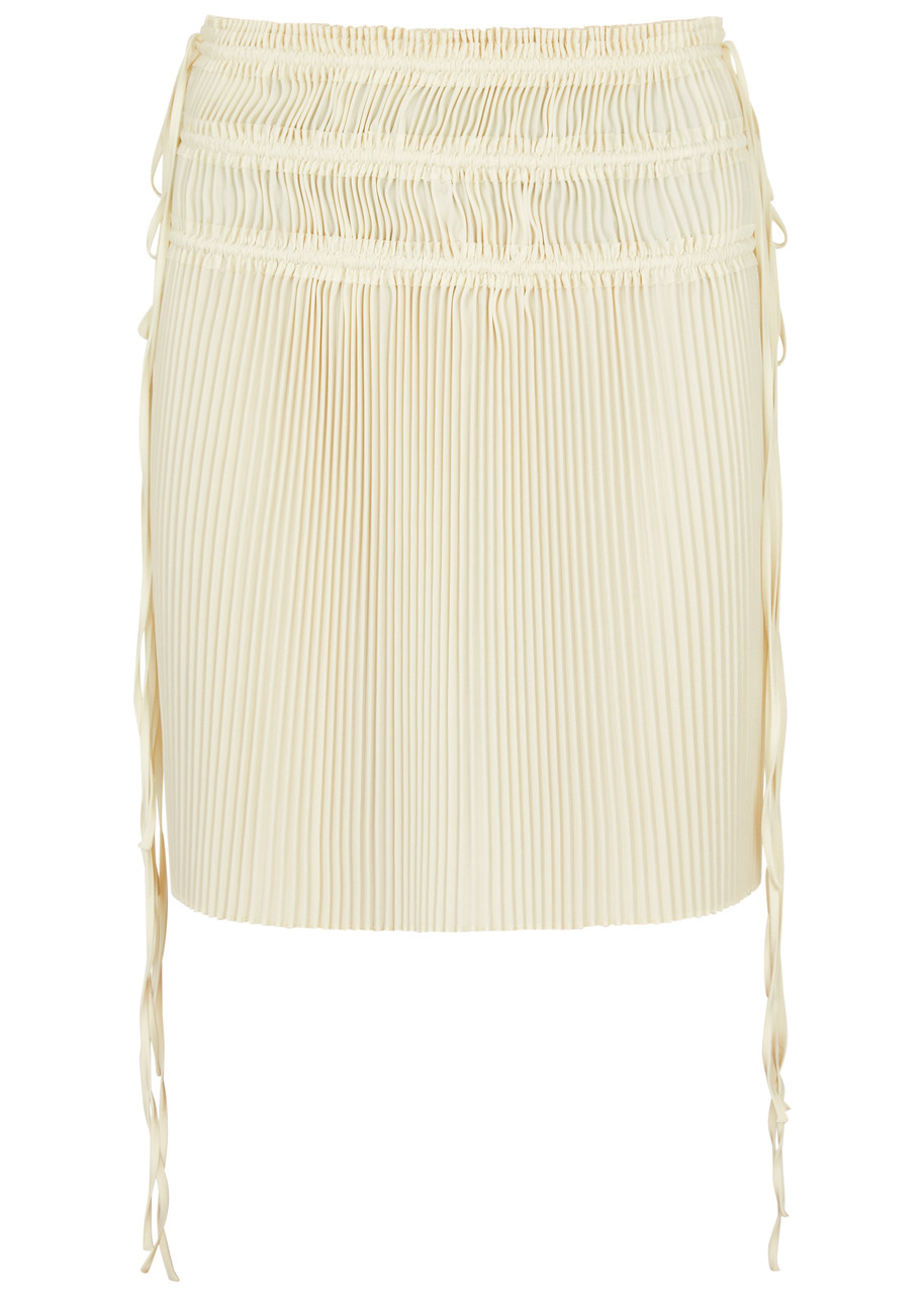 Shop Helmut Lang Pleated Satin Mini Skirt In Ivory