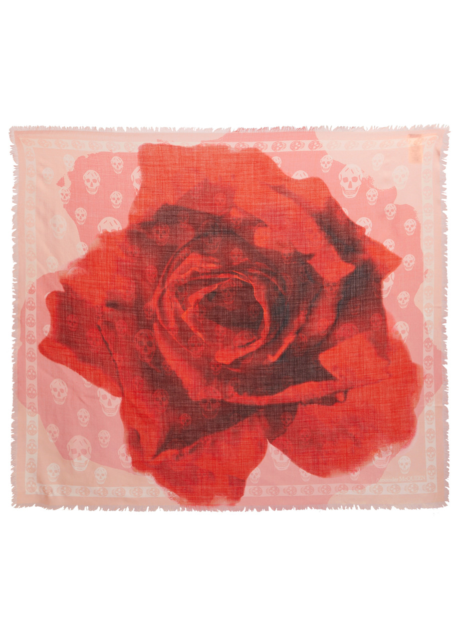 Shop Alexander Mcqueen Rose And Skull-print Wool Scarf In Red
