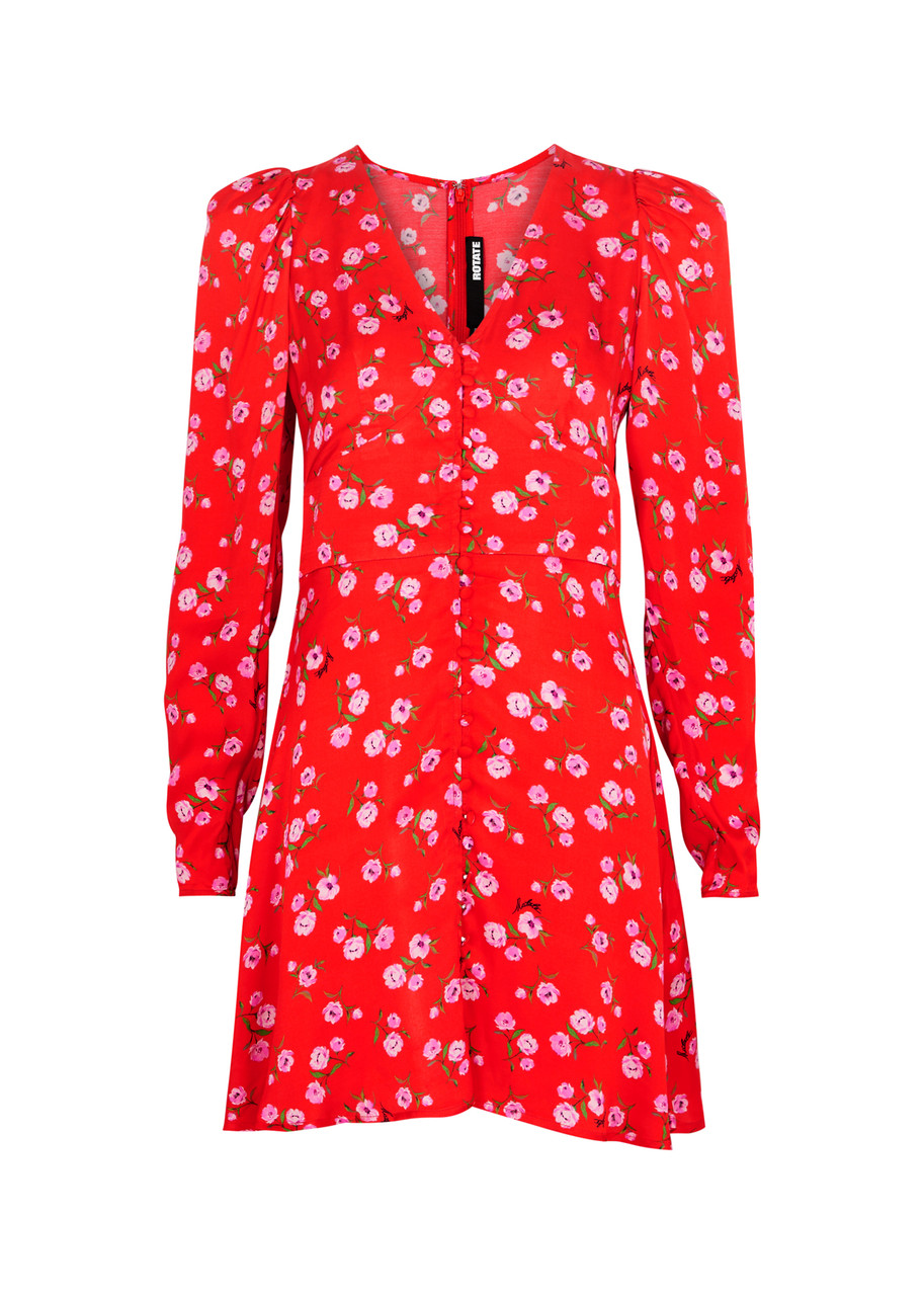 Shop Rotate Birger Christensen Rotate Sunday Floral-print Satin Mini Dress In Red