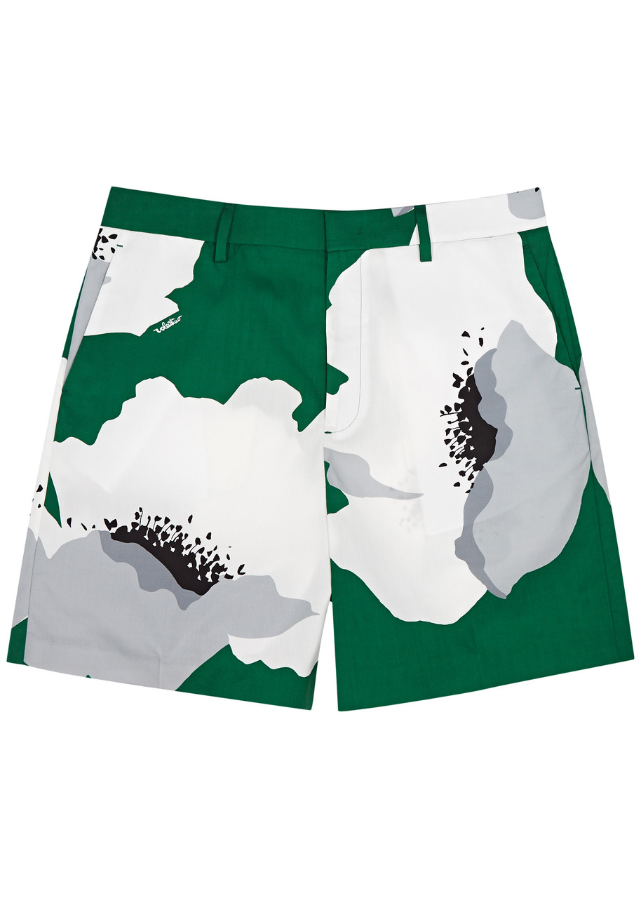 Shop Valentino Floral-print Cotton Shorts In Green