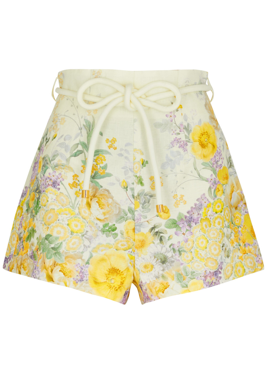 Shop Zimmermann Harmony Floral-print Linen Shorts In Yellow