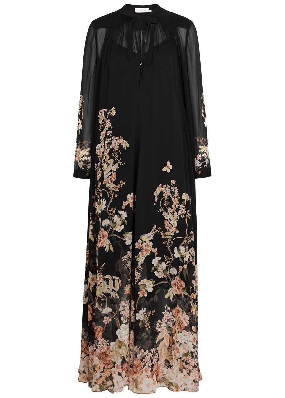 Shop Zimmermann Natura Floral-print Chiffon Maxi Dress In Black