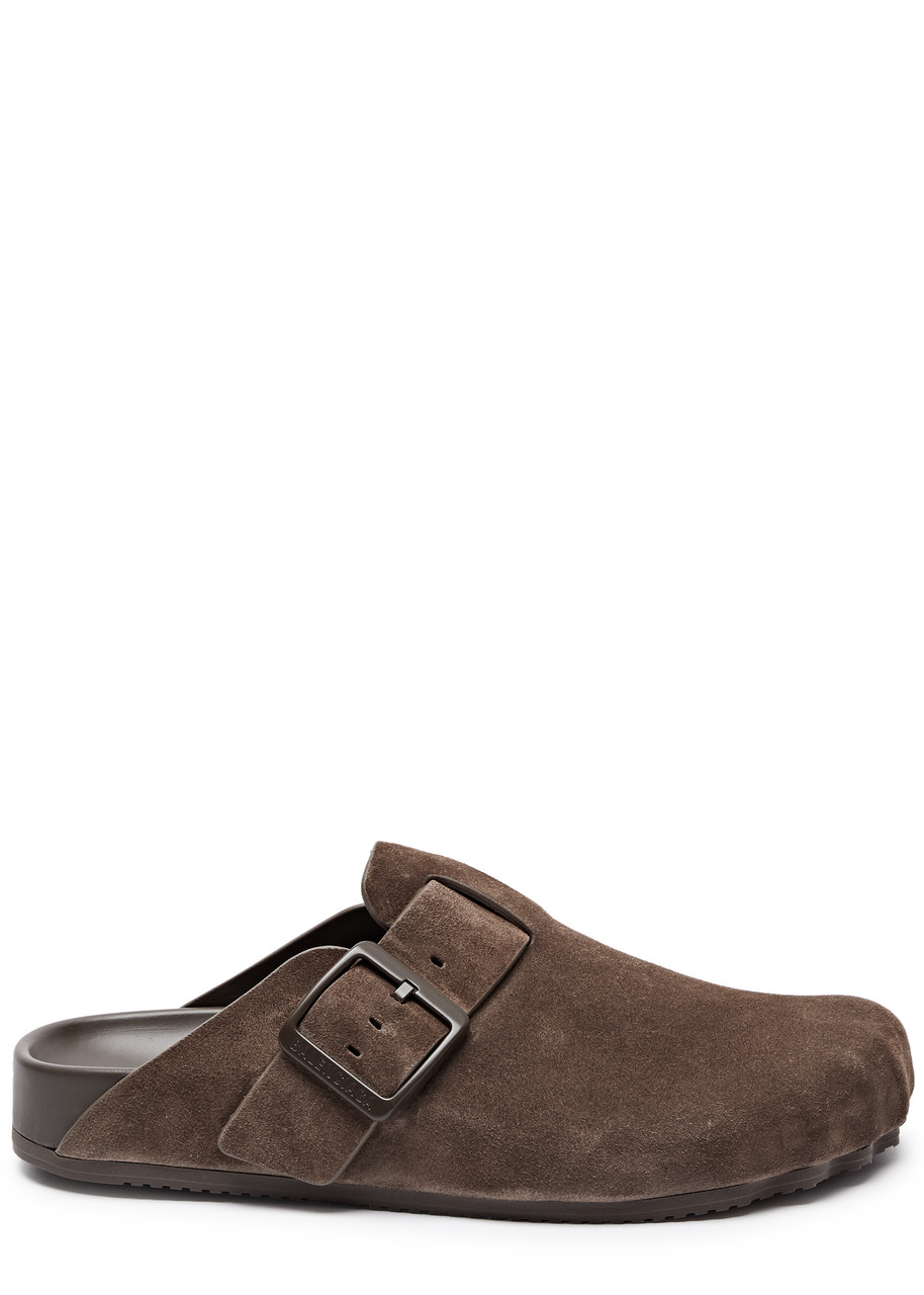 Shop Balenciaga Sunday Suede Sliders In Taupe