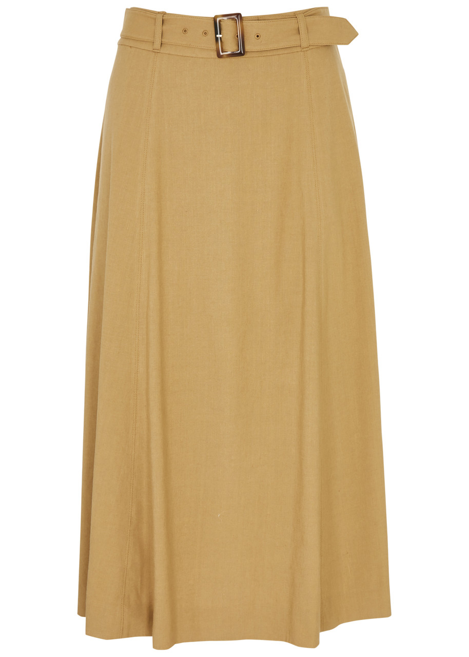 Shop Veronica Beard Arwen Linen-blend Midi Skirt In Taupe