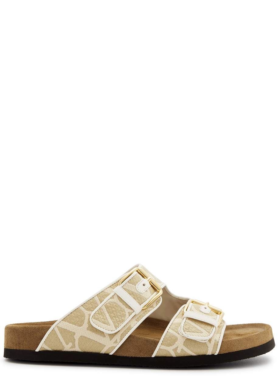 Shop Valentino Vlogo Jacquard Canvas Sliders In Beige