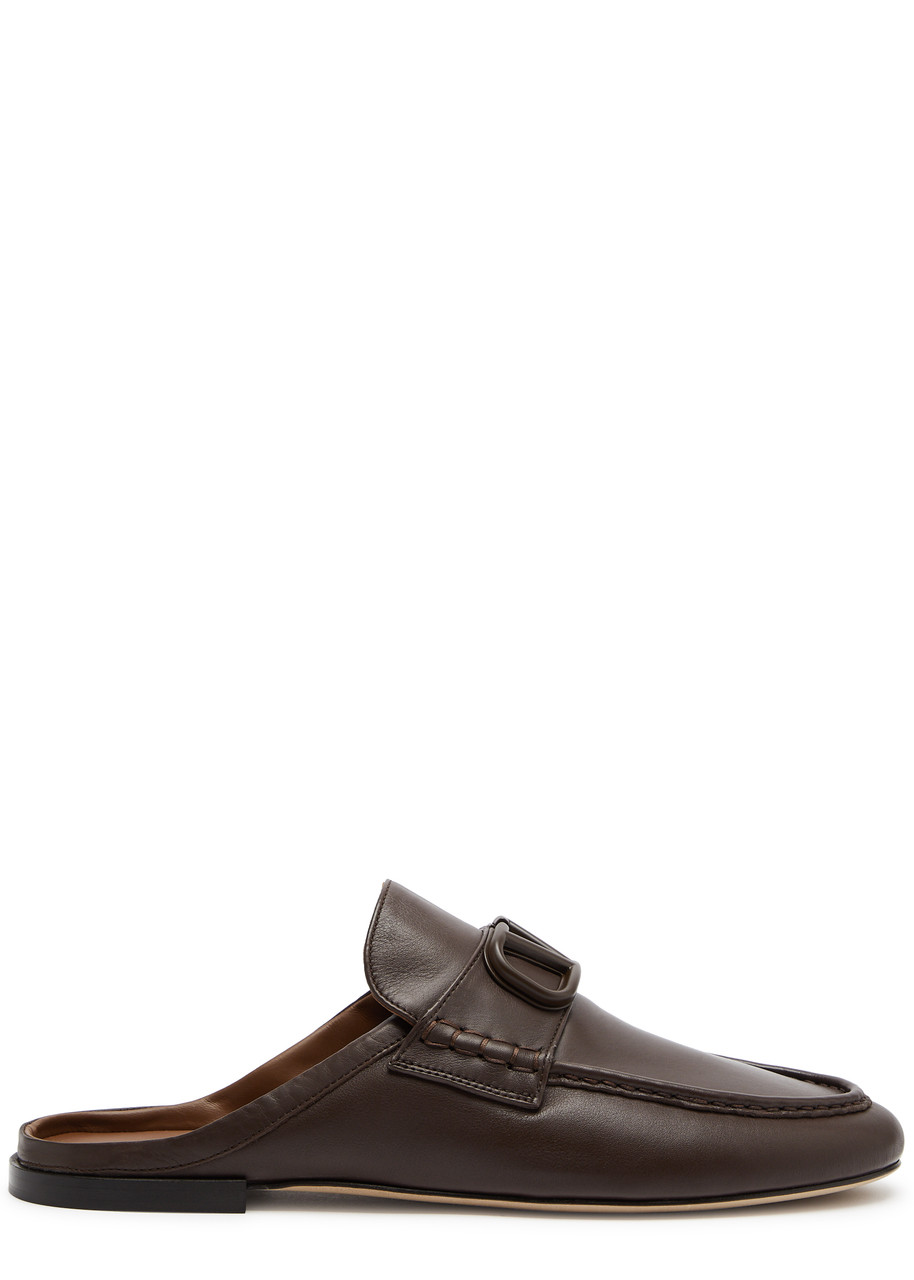 Shop Valentino Sabot Leather Loafers In Brown