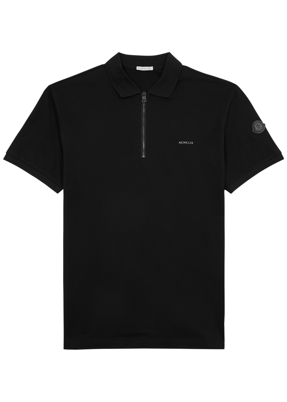 Shop Moncler Logo Piqué Cotton Polo Shirt In Black
