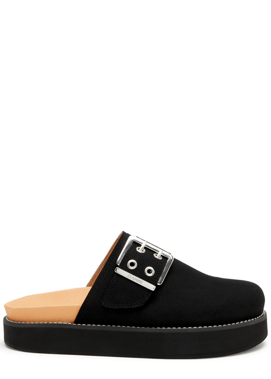 Shop Ganni Buckle Suede Flatform Sliders In Black