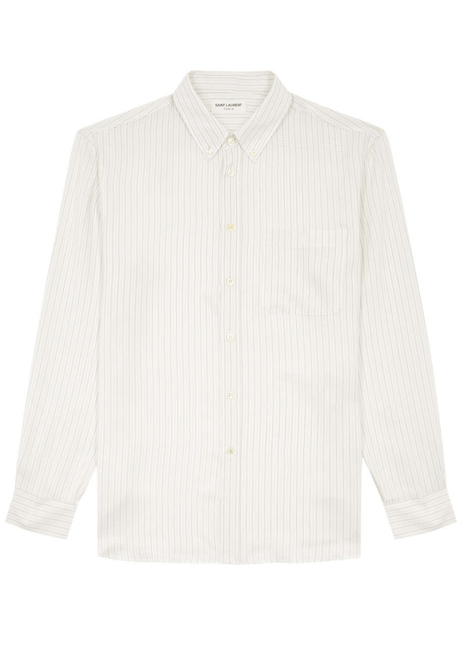 Saint Laurent Logo-embroidered Striped Shirt In Beige