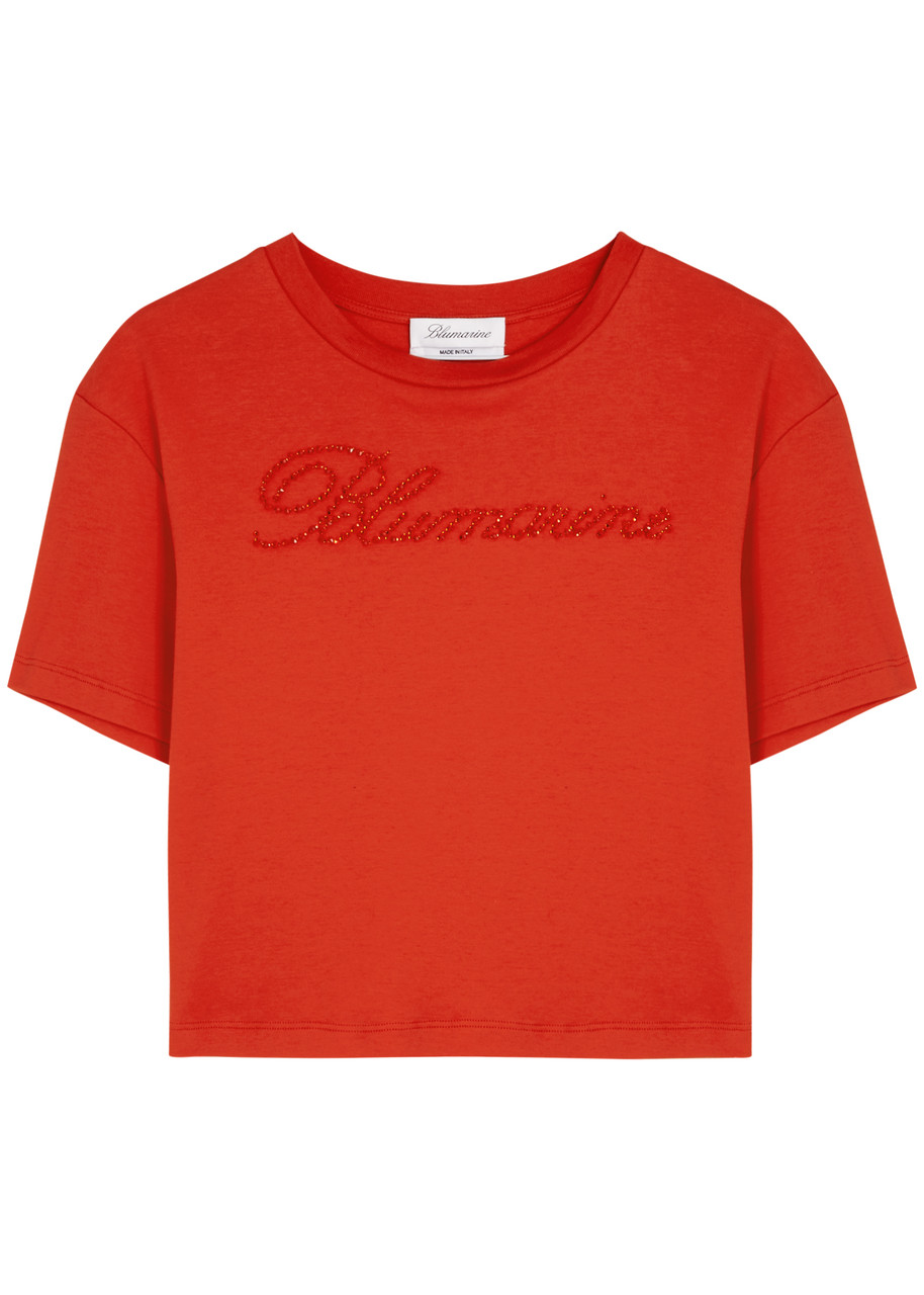 Shop Blumarine Logo-embellished Cotton T-shirt In Red
