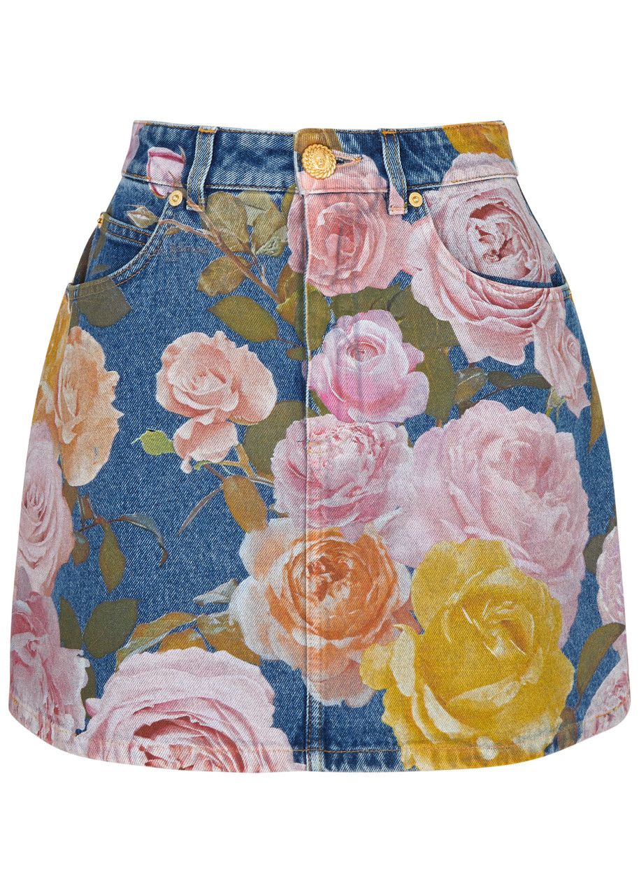 Shop Balmain Floral-print Denim Mini Skirt In Blue