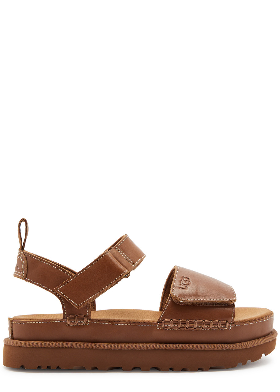 Shop Ugg Goldenstar Leather Flatform Sandals In Tan