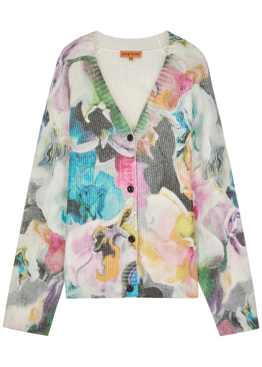 Shop Stine Goya Elba Printed Ribbed-knit Cardigan In Multicoloured 1