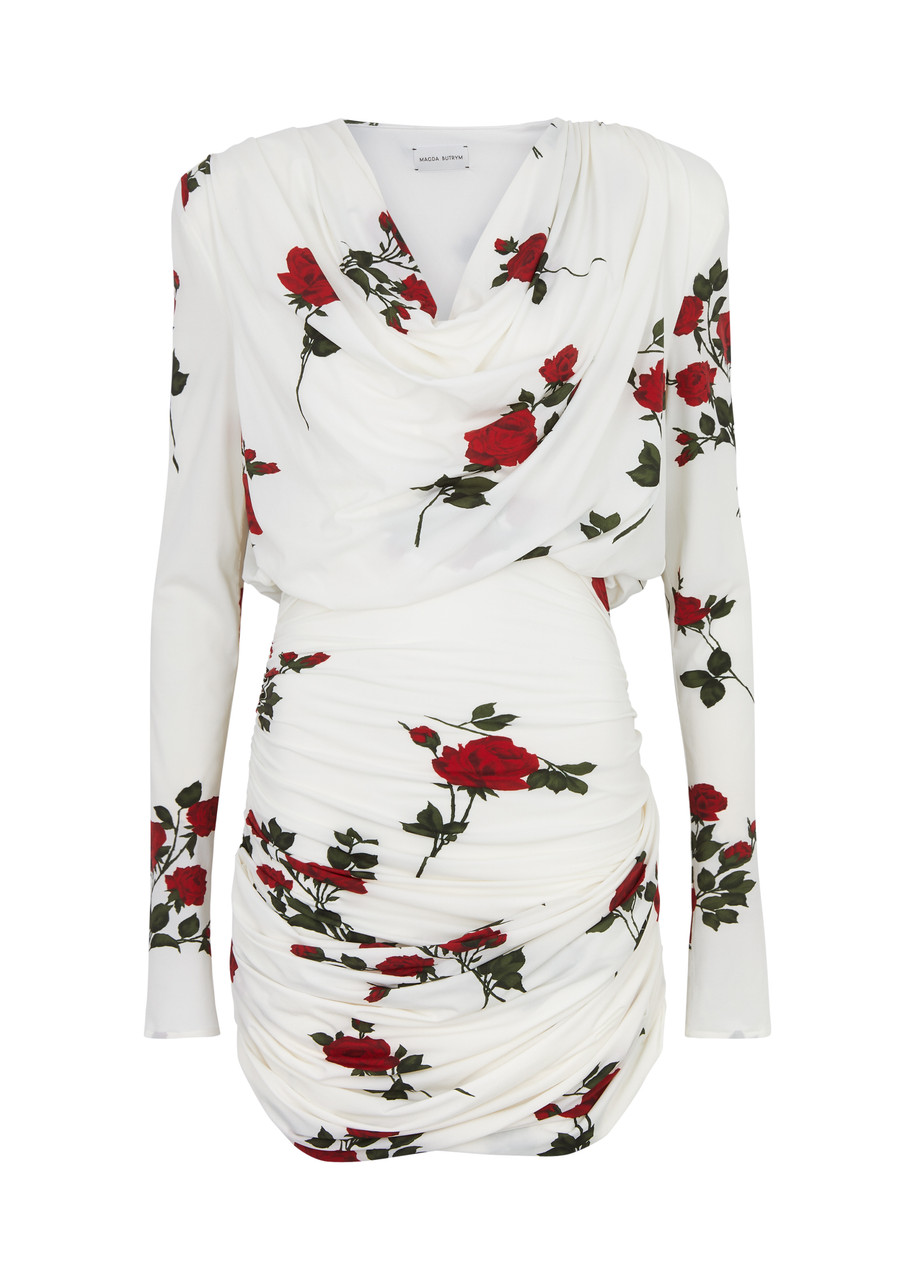 Shop Magda Butrym Floral-print Draped Stretch-jersey Mini Dress In White