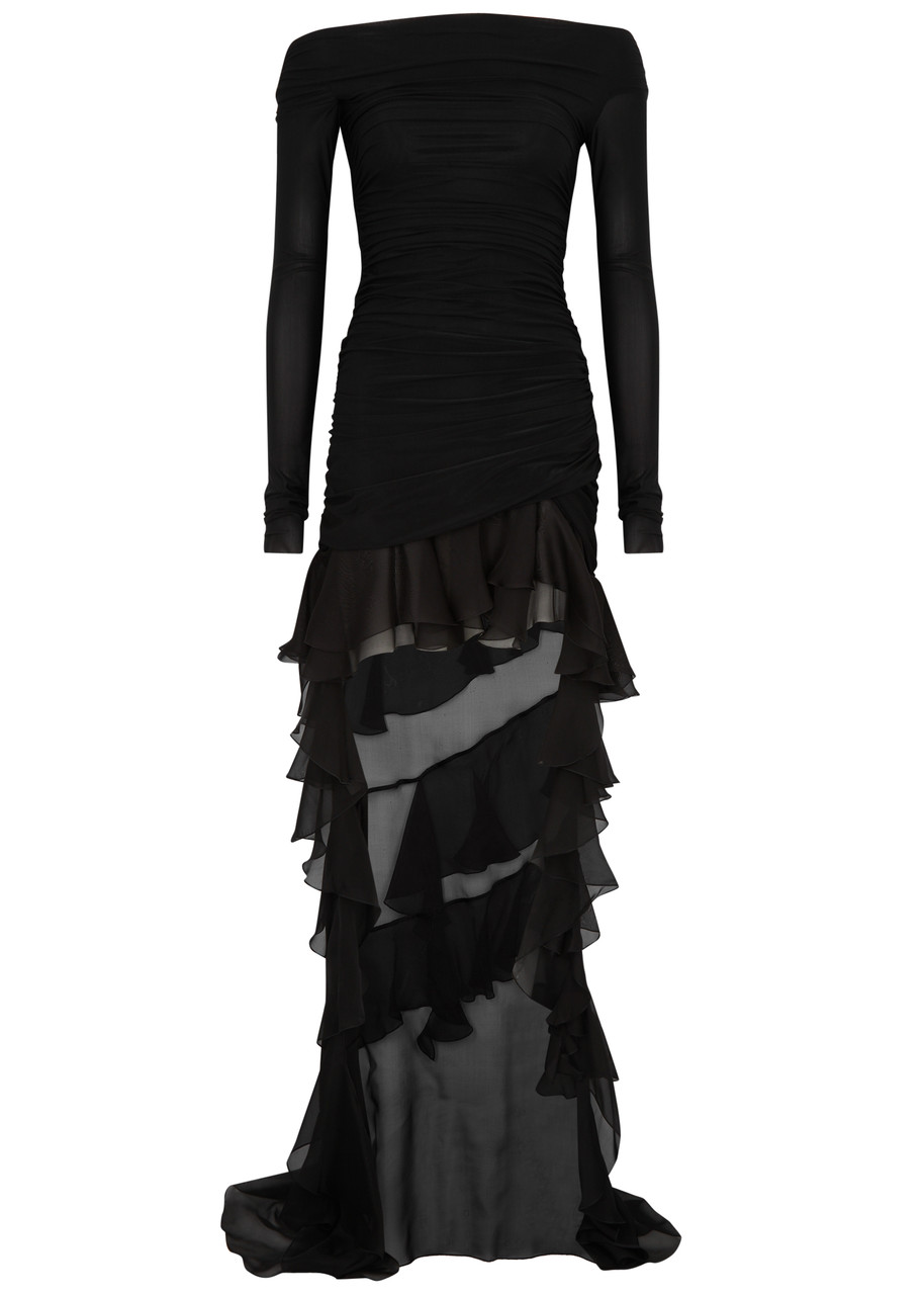 Blumarine Ruffle-trimmed Stretch-jersey Dress In Black
