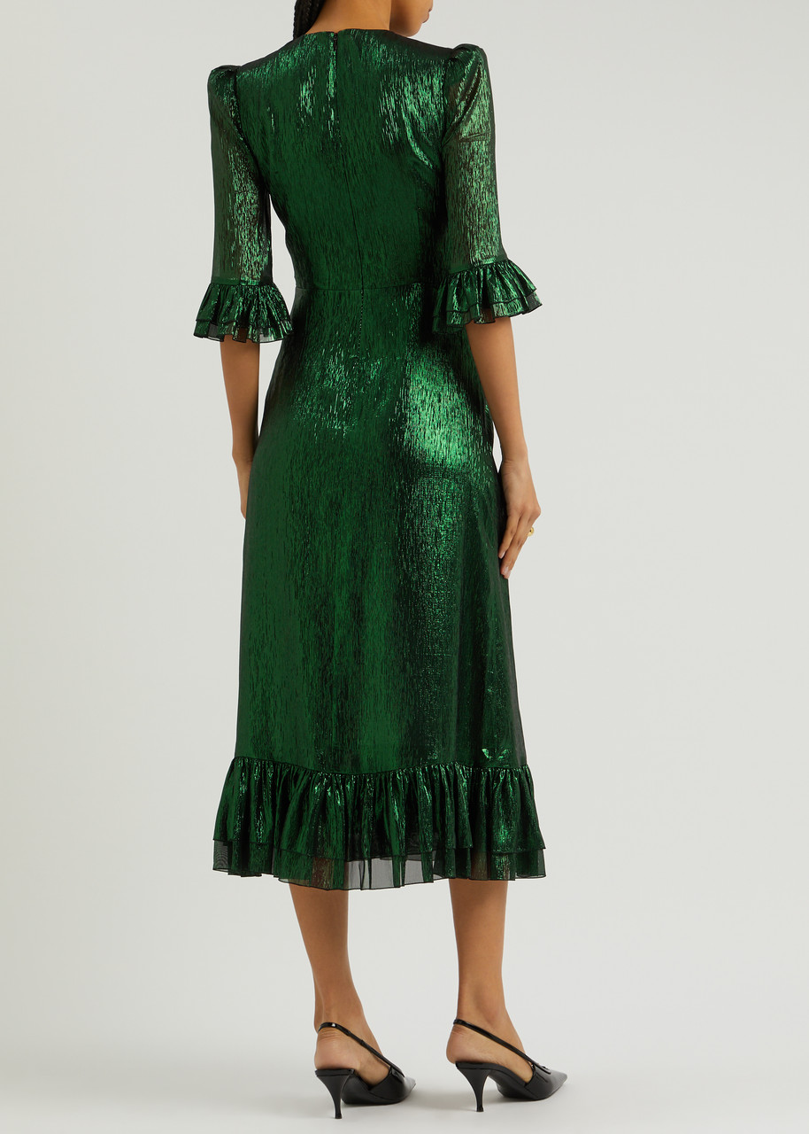  The Vampire's Wife The Falconetti Silk-blend Lamé Midi Dress - Luxury Midi Dress, Round Neck, Dark Green - Uk12 / M - 12 (uk12 / M) 