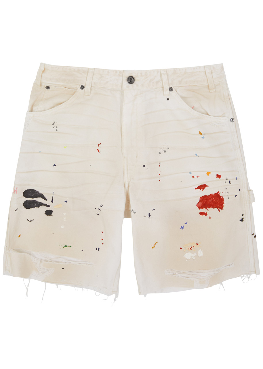 Gallery Dept. Flea Paint-splatter Distressed Denim Shorts In Off White