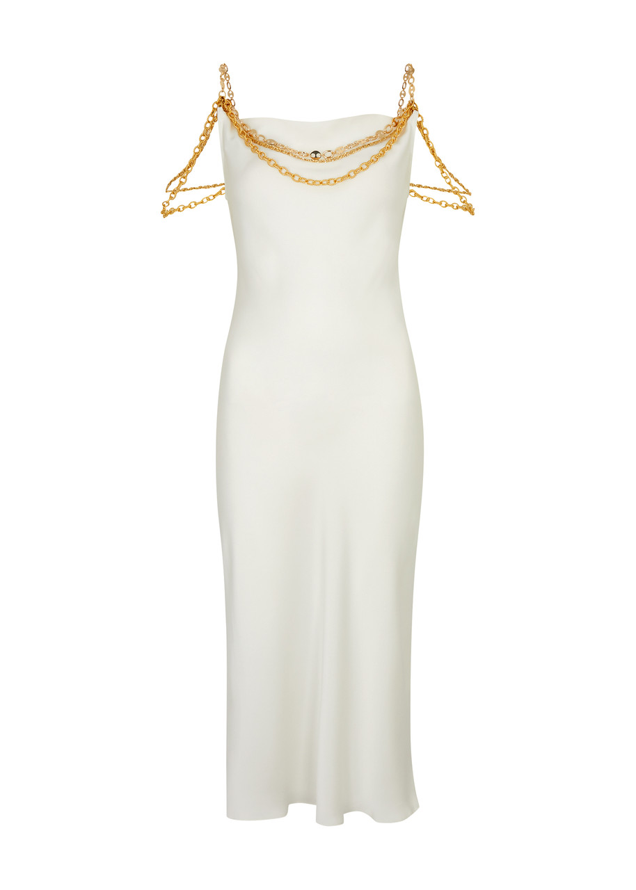 Shop Rabanne Chain-embellished Satin Midi Slip Dress In White