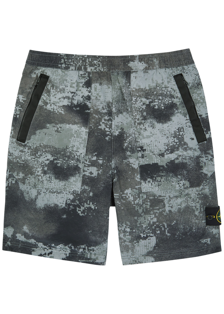 Stone Island Straight-leg Satin-trimmed Camouflage-print Shell Shorts In Gray