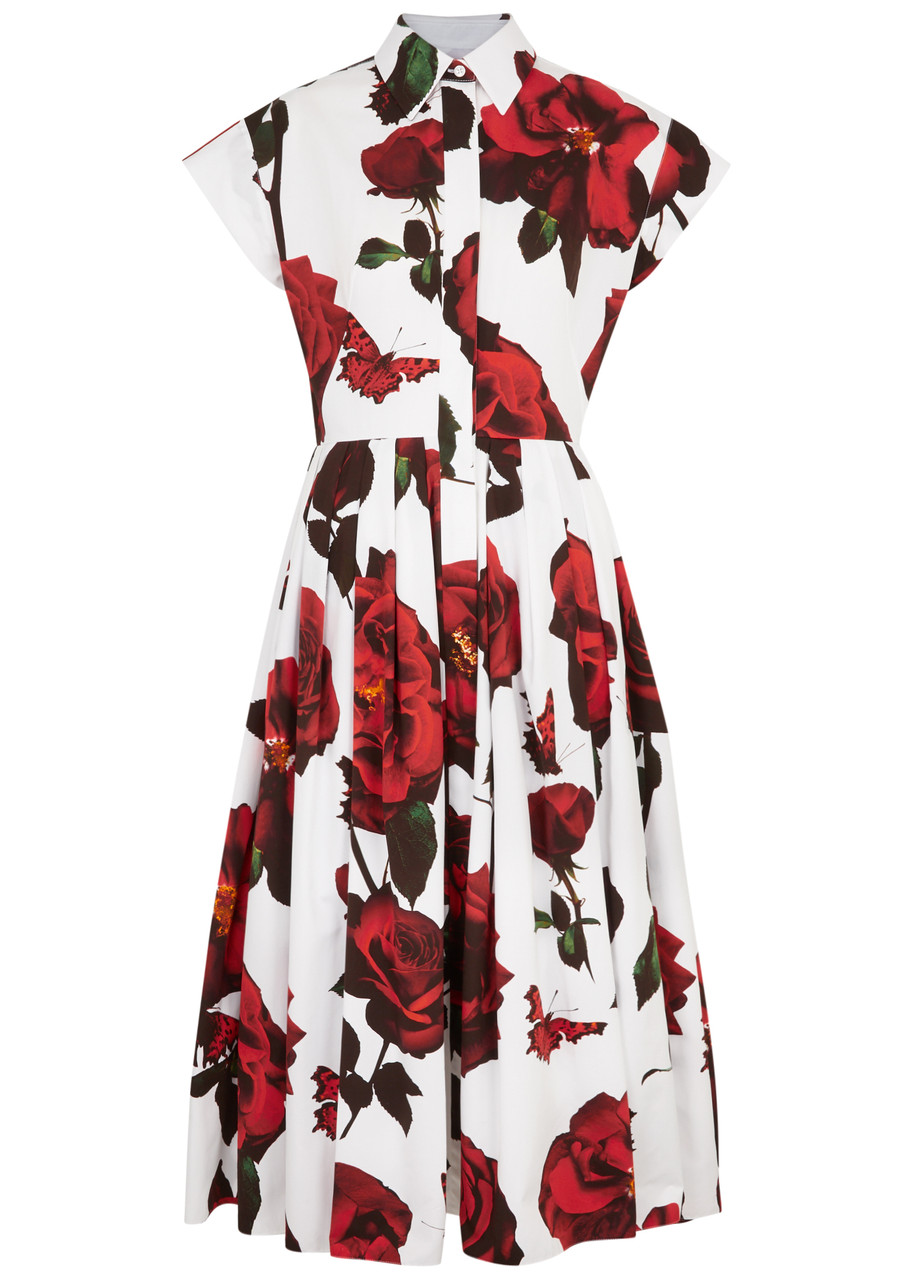 Shop Alexander Mcqueen Floral-print Cotton Midi Dress In White