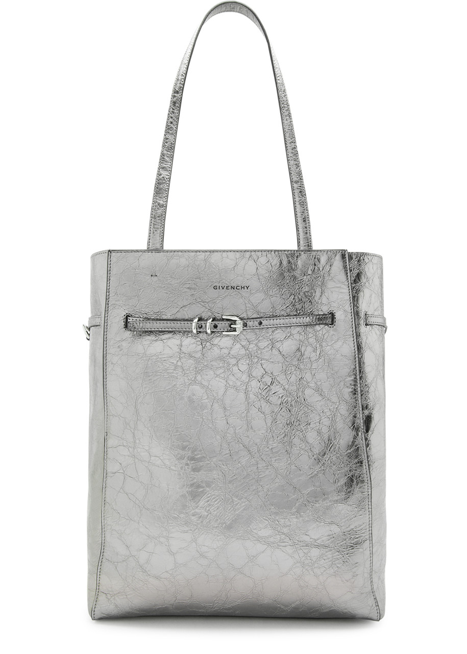 Givenchy Voyou Medium Metallic Leather Tote In Silver