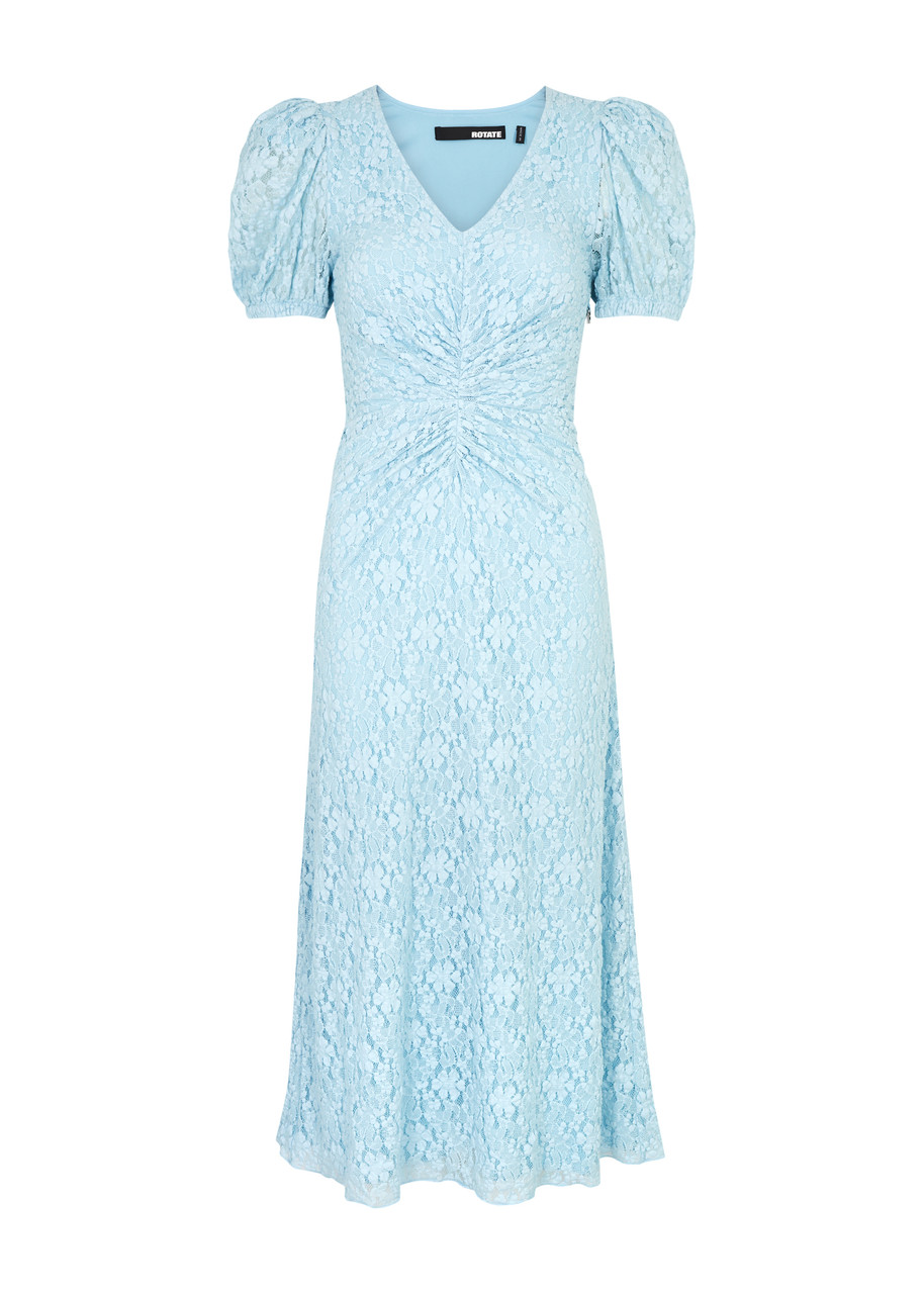 Shop Rotate Birger Christensen Floral Lace Midi Dress In Light Blue