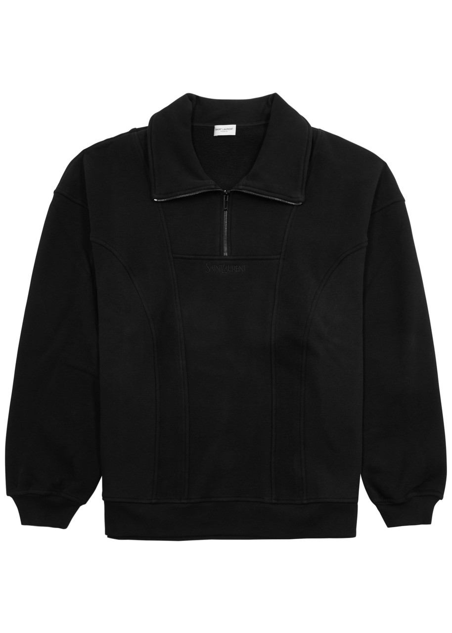 Shop Saint Laurent Logo-embroidered Half-zip Cotton Sweatshirt In Black