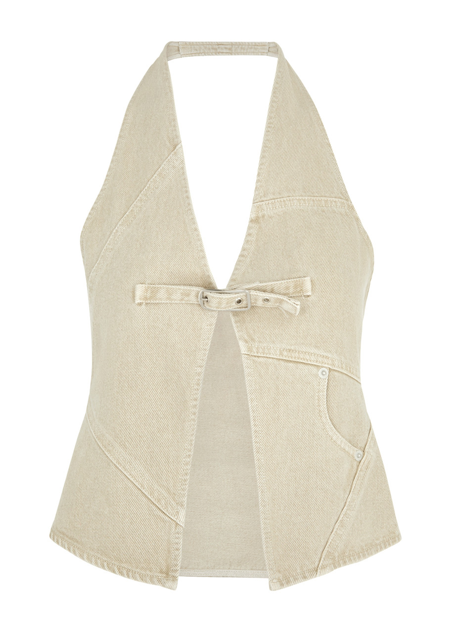 Gimaguas Beverly Denim Halterneck Vest In Ecru