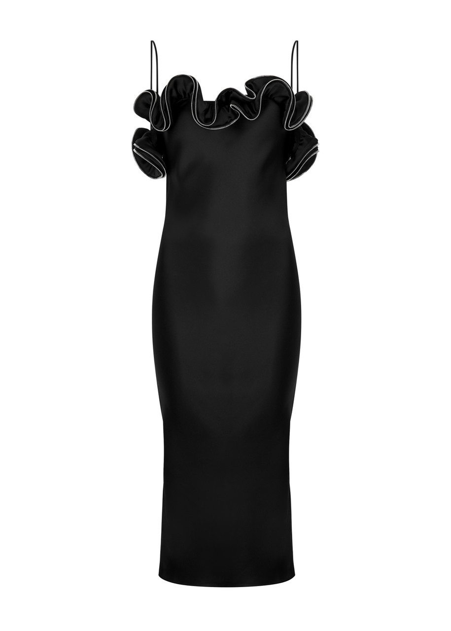 Coperni Zip Ruffle Off-the-shoulder Satin Midi Slip Dress In Black