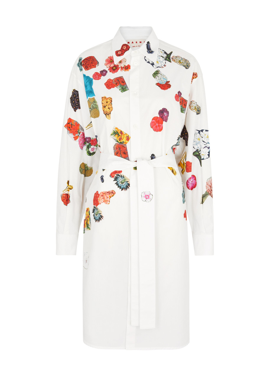 Shop Marni Floral-print Cotton-poplin Shirt Dress In White