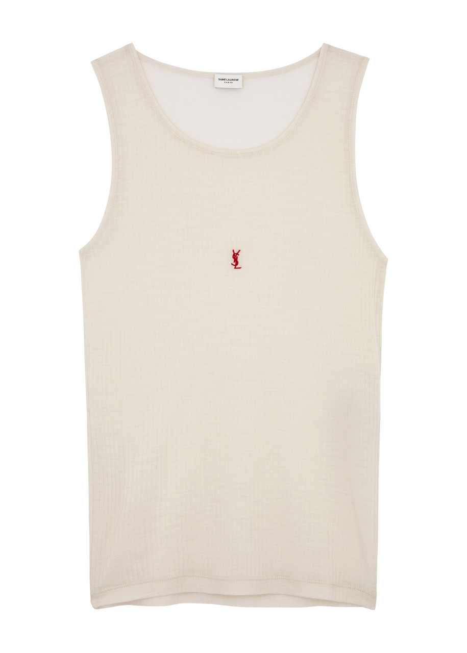 Saint Laurent Logo-embroidered Ribbed Wool Tank In Beige