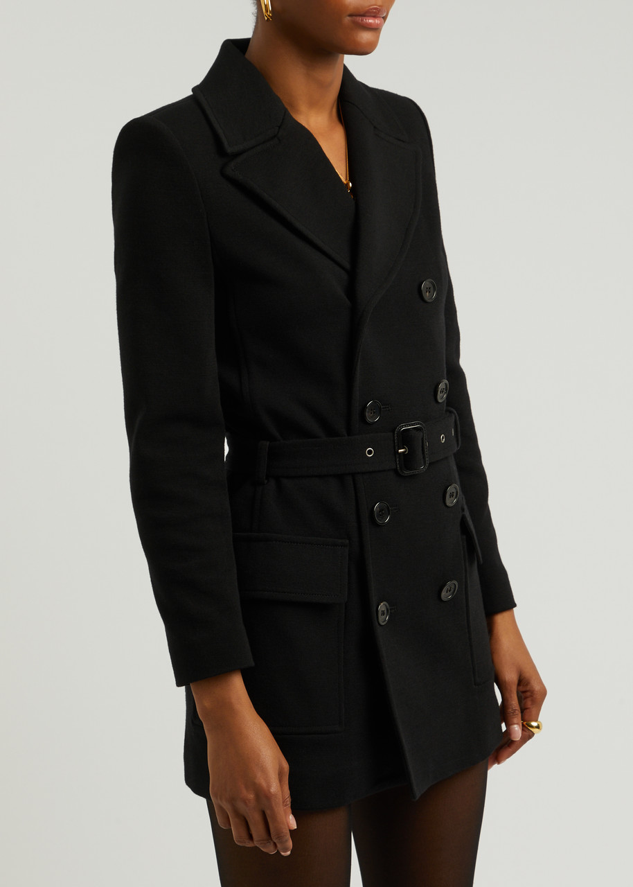  Saint Laurent - Women's Black Belted Wool-blend Jacket - Size 34 (uk6/xs), Padded Shoulders & Belted Waist - 34 (uk6 /xs) 