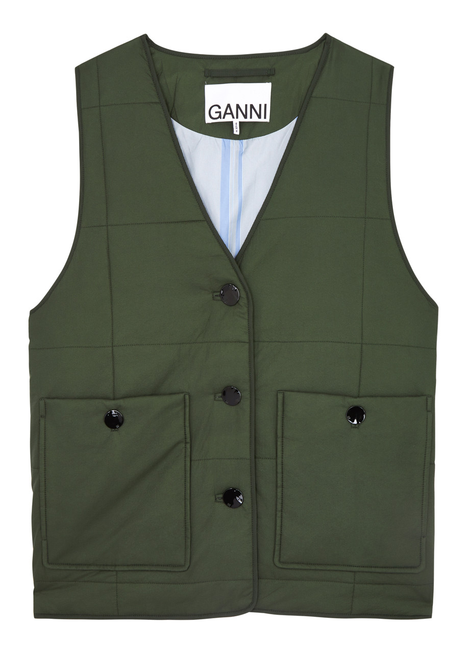 Shop Ganni Quilted Shell Gilet In Dark Green