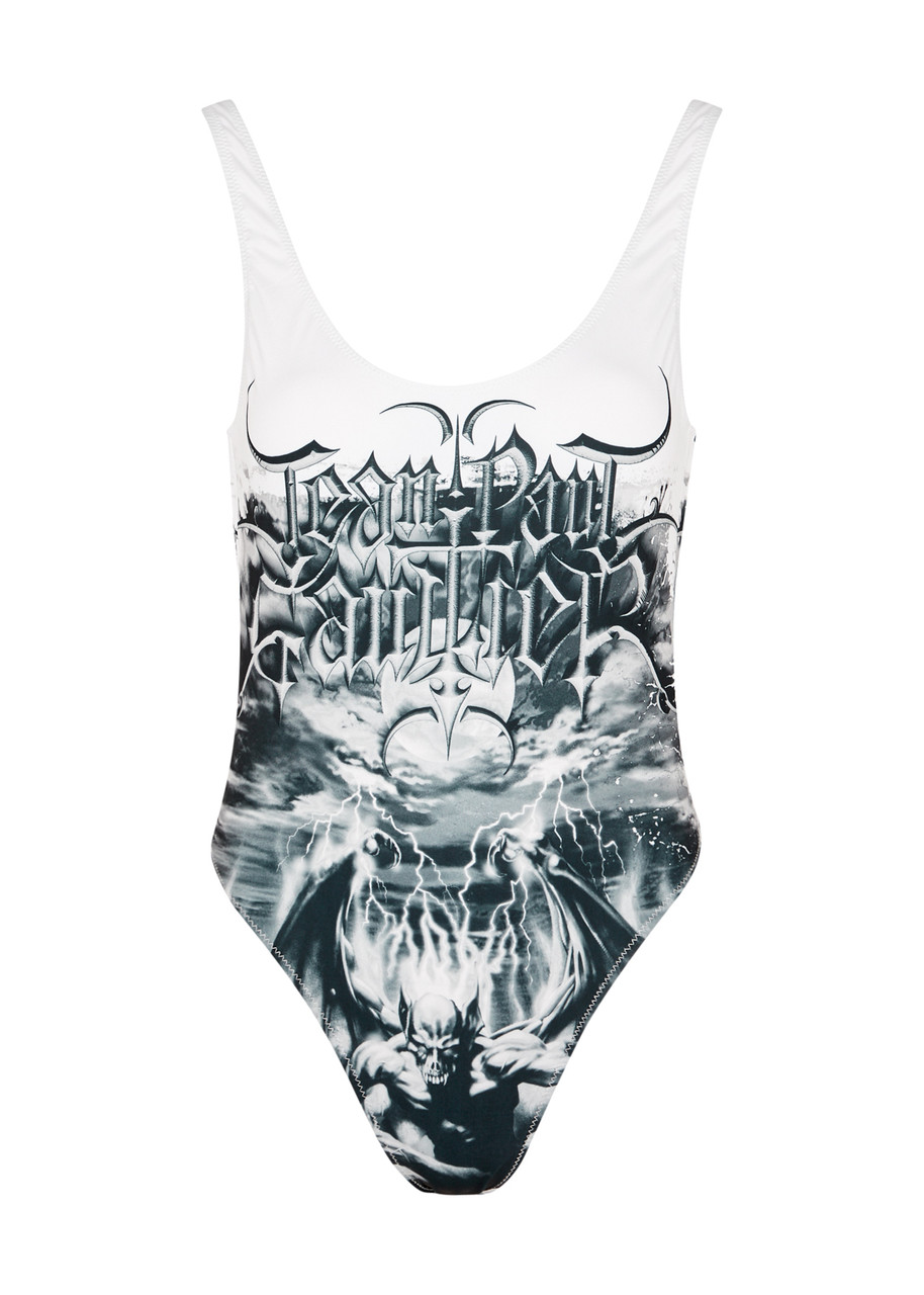 Shop Jean Paul Gaultier Diablo Printed Swimsuit In White And Black