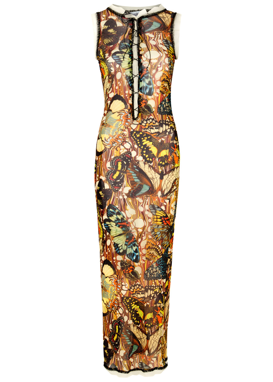 Shop Jean Paul Gaultier Papillon Printed Lace-up Tulle Maxi Dress In Multicoloured