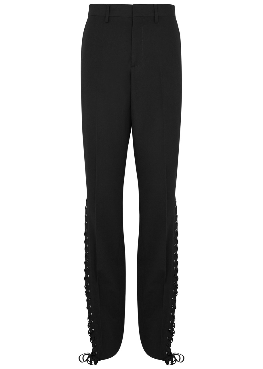 Shop Jean Paul Gaultier Lace-up Straight-leg Wool Trousers In Black