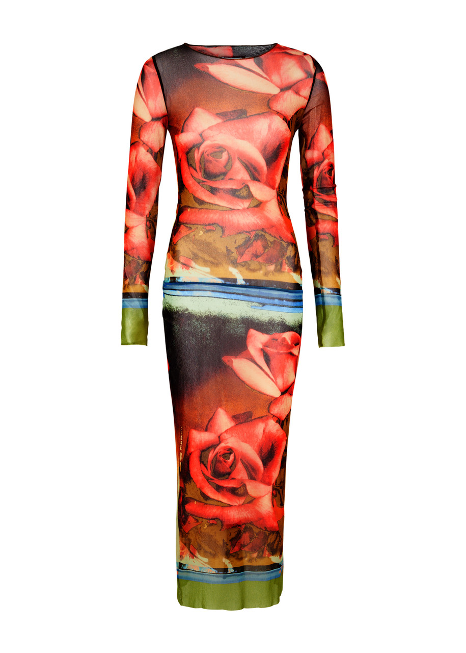 Shop Jean Paul Gaultier Roses Printed Tulle Midi Dress In Multicoloured