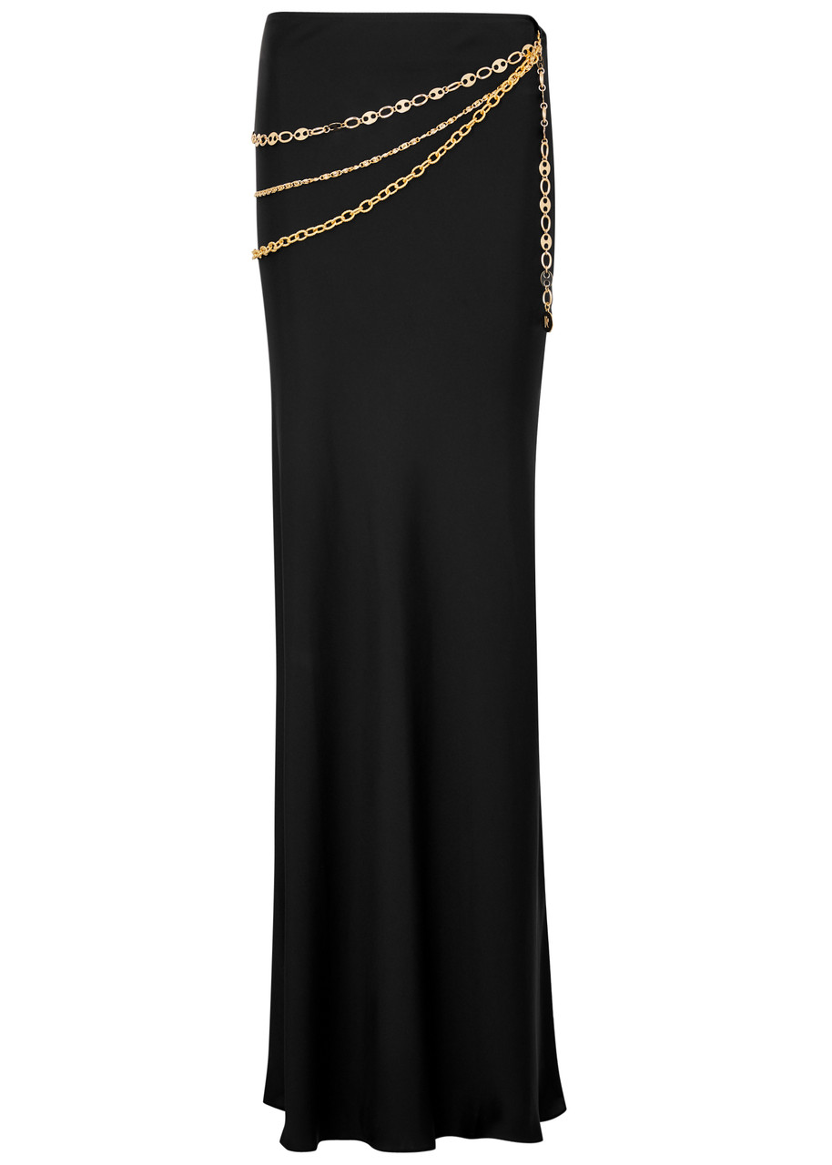 Shop Rabanne Chain-embellished Satin Maxi Skirt In Black