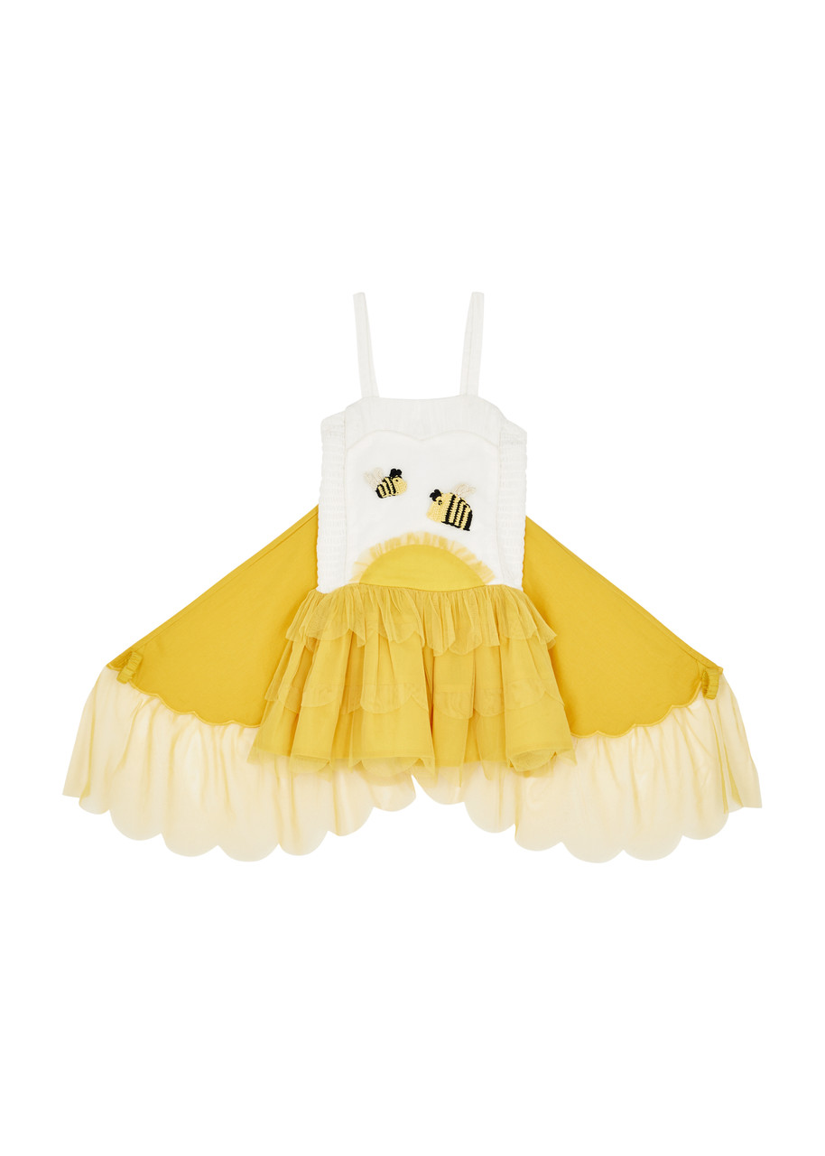 Shop Stella Mccartney Kids Bees Embroidered Tulle Dress (2-6 Years) In Yellow