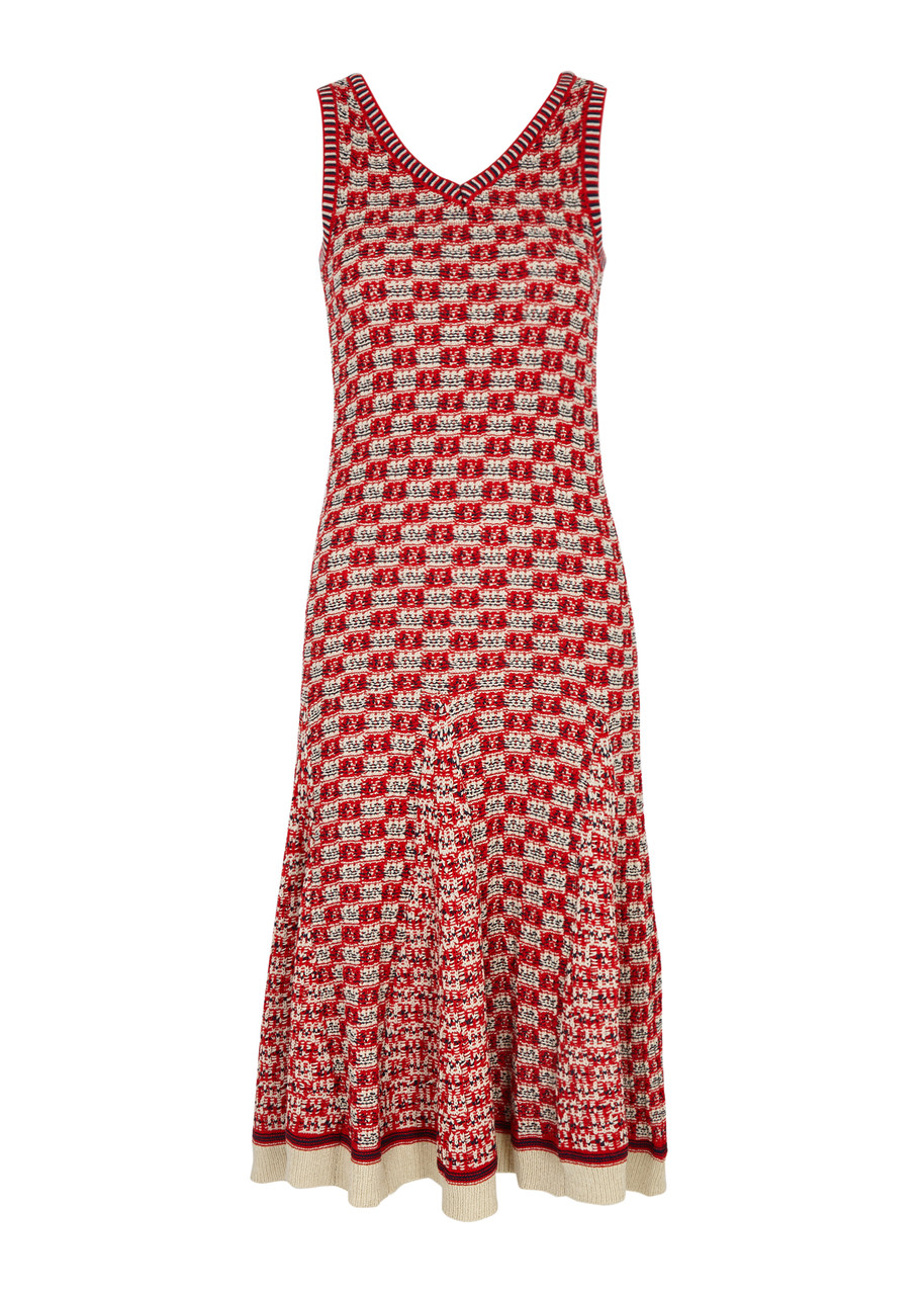 Shop Wales Bonner Soar Checked Knitted Cotton Midi Dress In Red