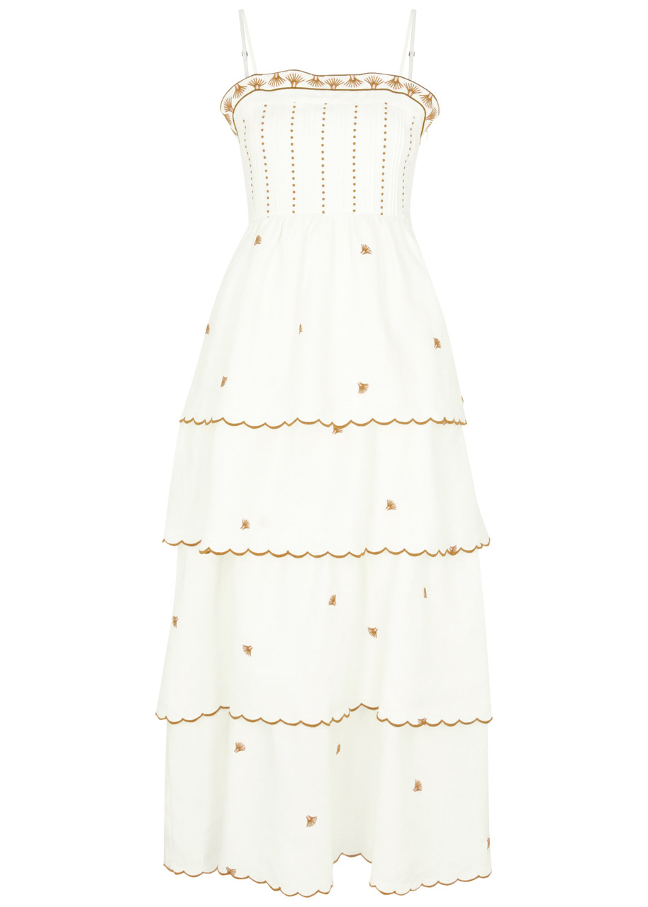 Shop Lug Von Siga Aurora Embroidered Linen-blend Midi Dress In Off White